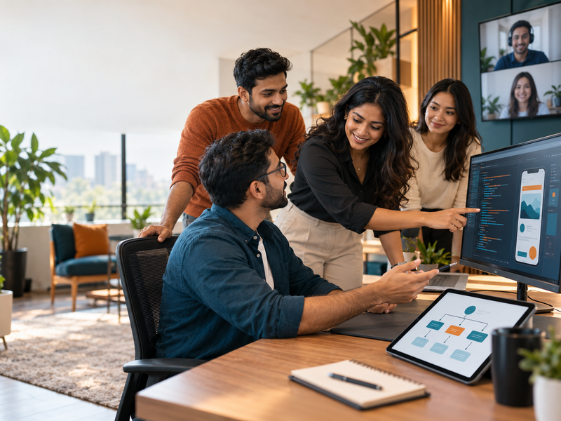 Diverse team working together on a client project at a shared workstation