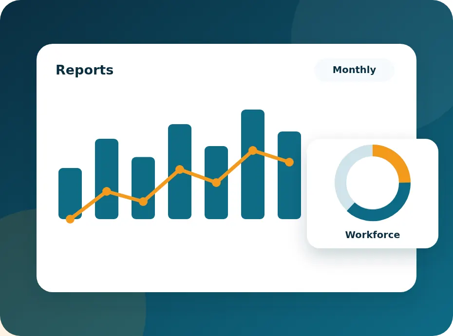Illustration of HRMS reports with charts for attendance, payroll, project and workforce activity