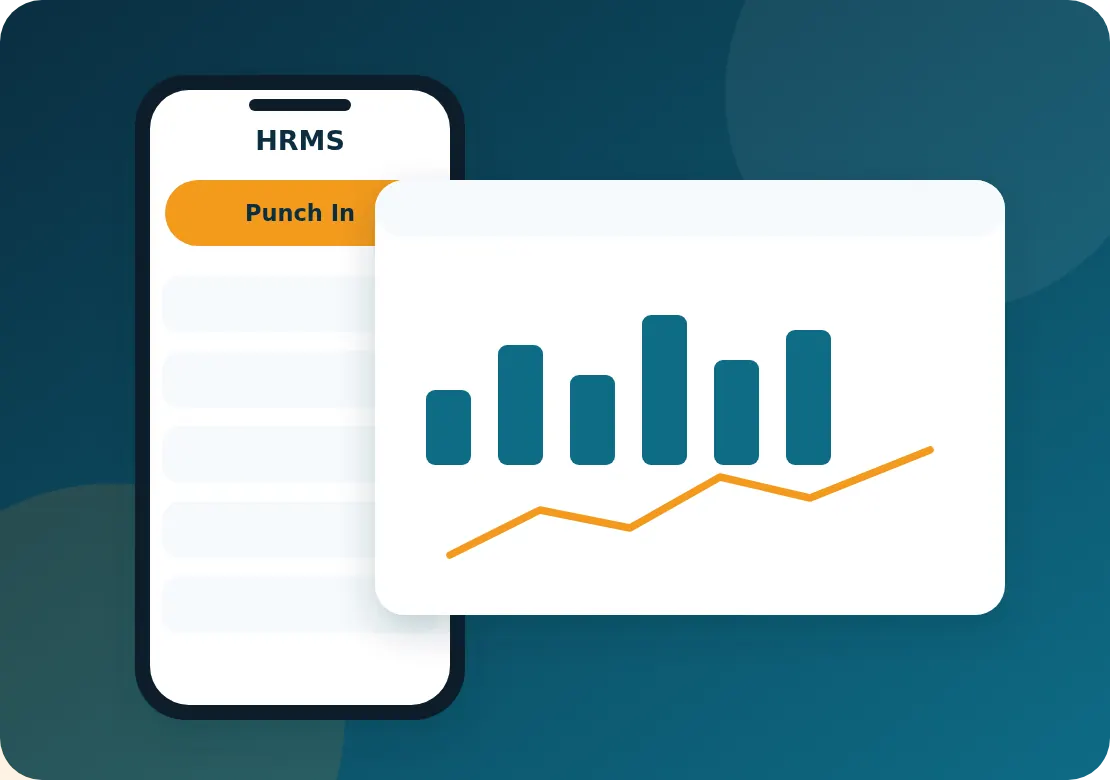 Illustration of the Webespire HRMS System with a mobile attendance app and workforce dashboard
