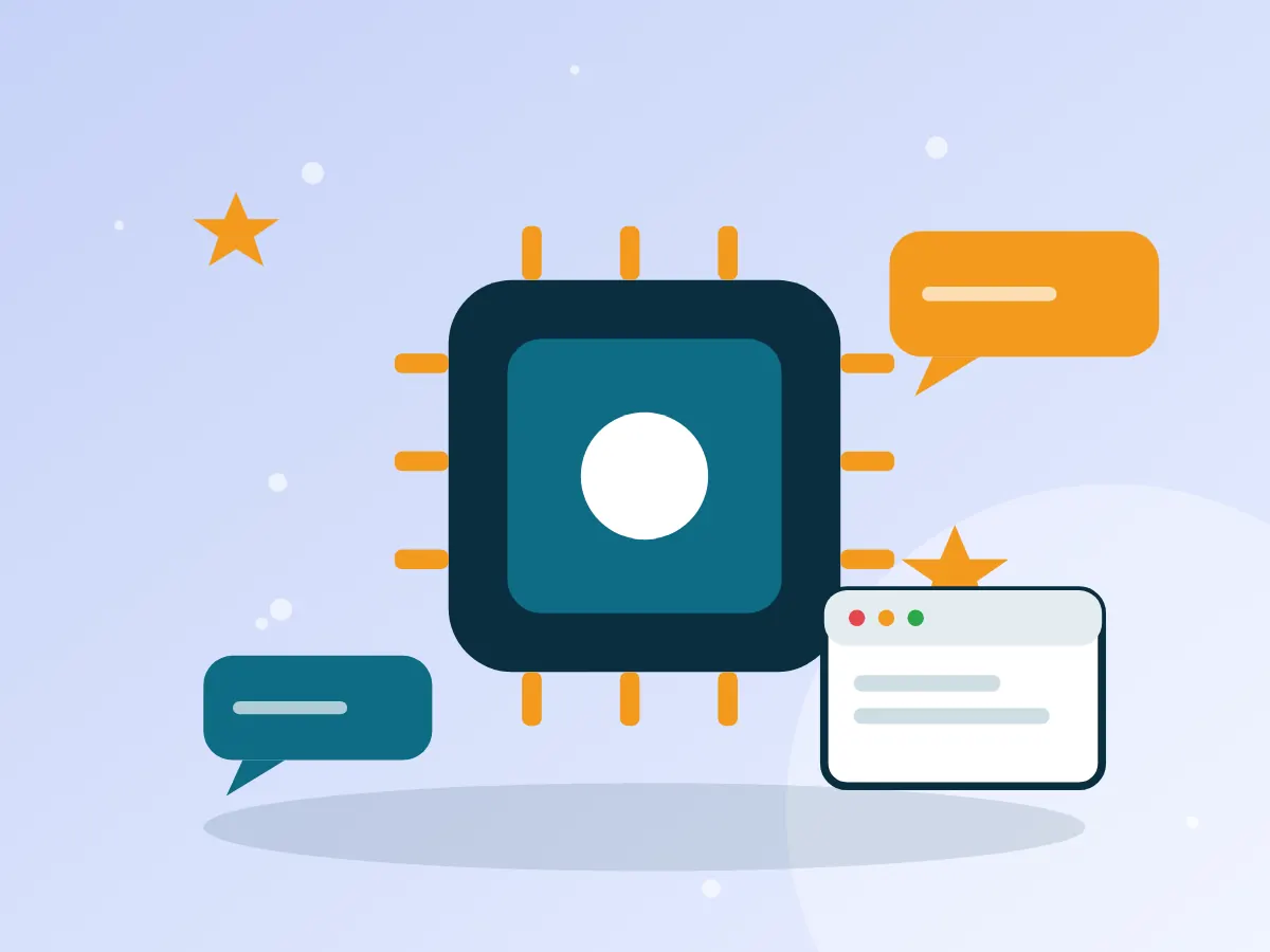AI automation workflow with a chip, chat assistant and connected business systems
