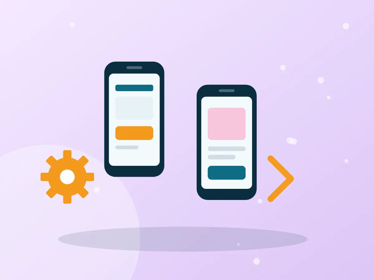 Smartphone app screens next to a development workflow for iOS and Android