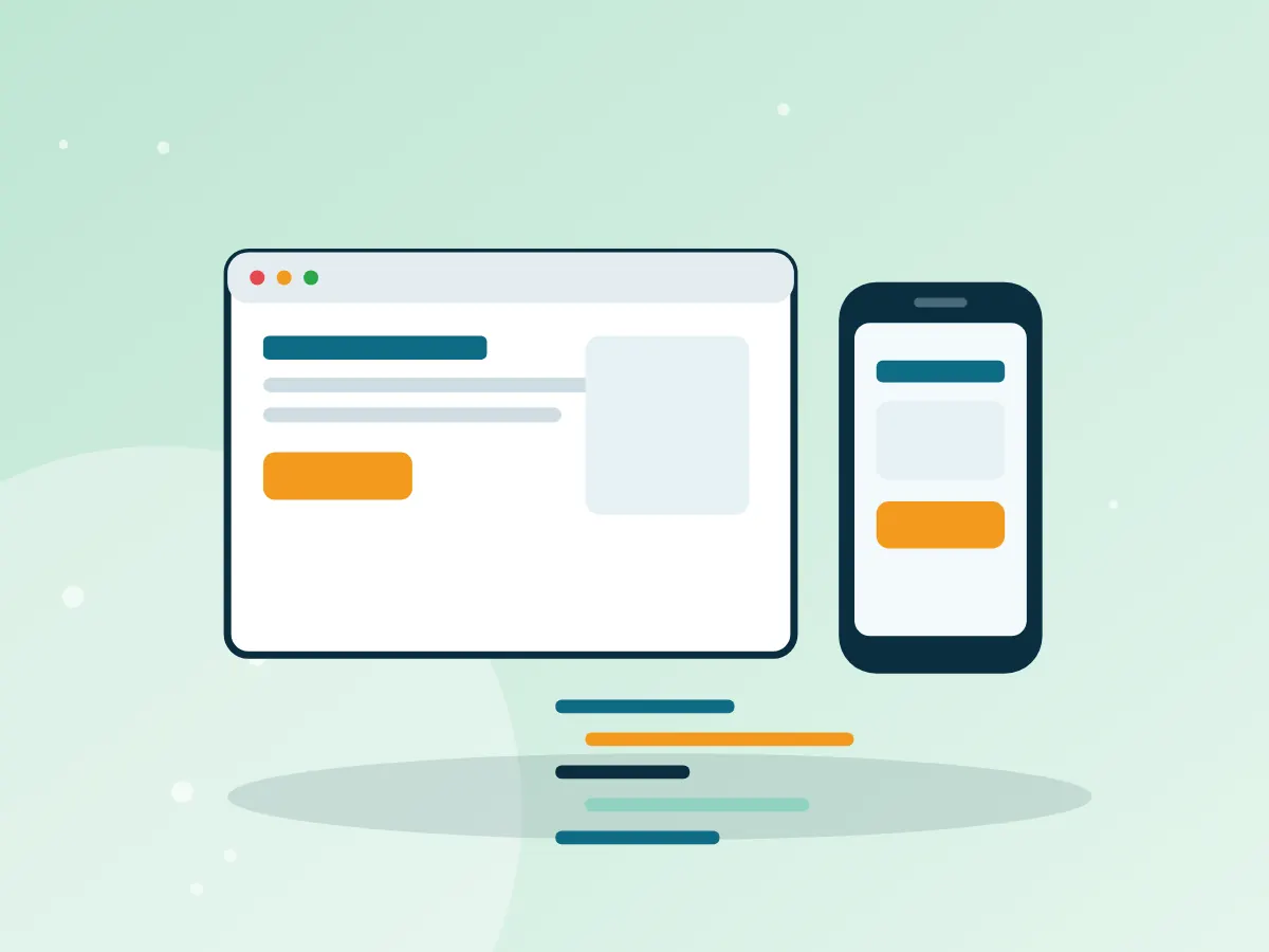 Responsive website and mobile app interfaces shown with a development workflow