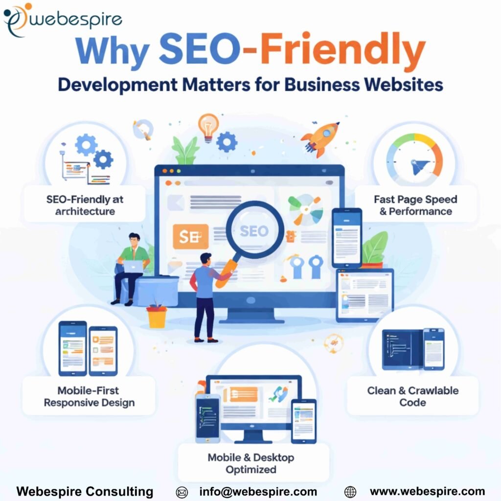 SEO-friendly website development showing optimized site structure, fast performance, and mobile-responsive design by Webespire Consulting